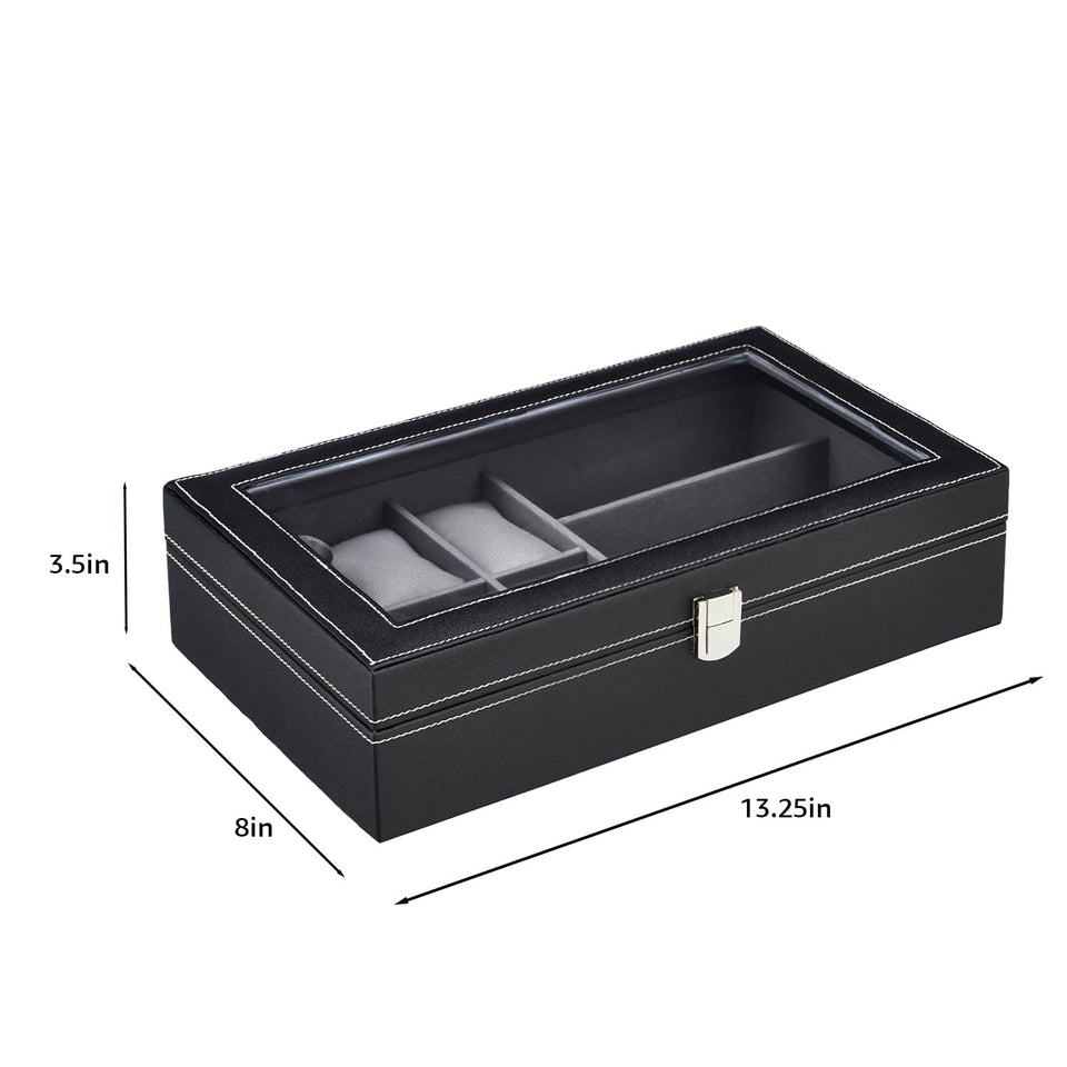 Amazon Basics Unisex Faux Leather Watch Organiser Box with 9 Slots | 6 Watch Storage Compartments | 3 Sunglasses Holder | Transparent Lid (Black)