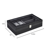 Amazon Basics Unisex Faux Leather Watch Organiser Box with 9 Slots | 6 Watch Storage Compartments | 3 Sunglasses Holder | Transparent Lid (Black)