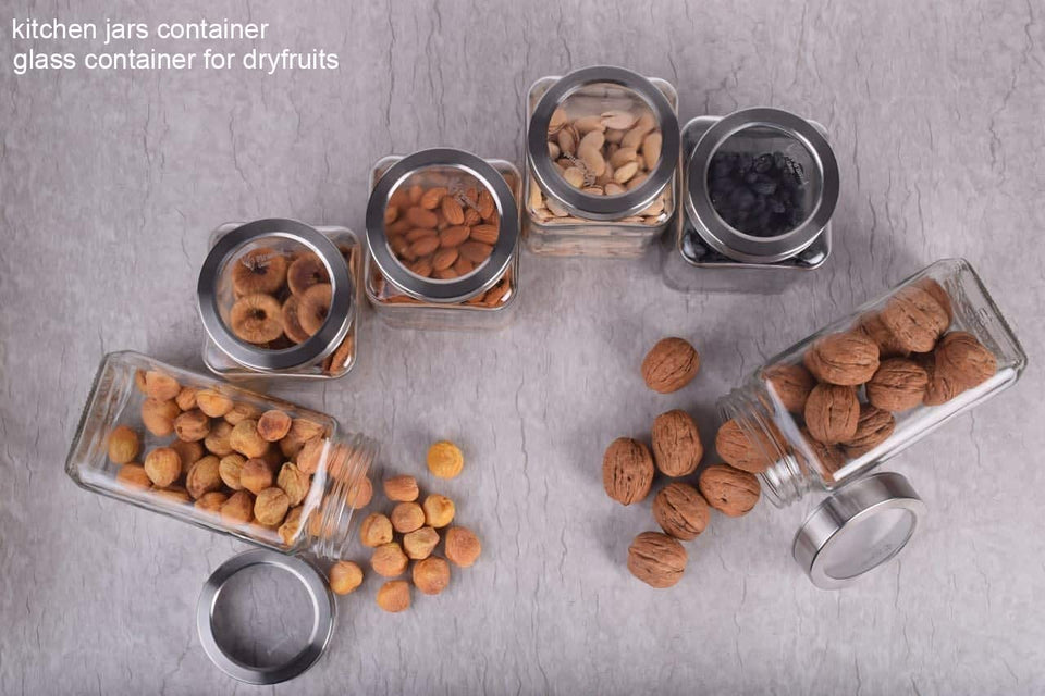 MENIFLIX glass containers for kitchen. Square Shape Transparent Glass Jars & Containers For kitchen storage Pantry, Snacks, Masala, Pickles, Storage With Steel See Through Lid(1000Ml)