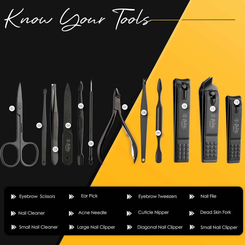 Beauté Secrets Essentials Manicure Set Nail Clippers, Stainless Steel Nail Scissors Grooming Kit, Acne needle, Blackhead Tool Leather Travel Case (Yellow)
