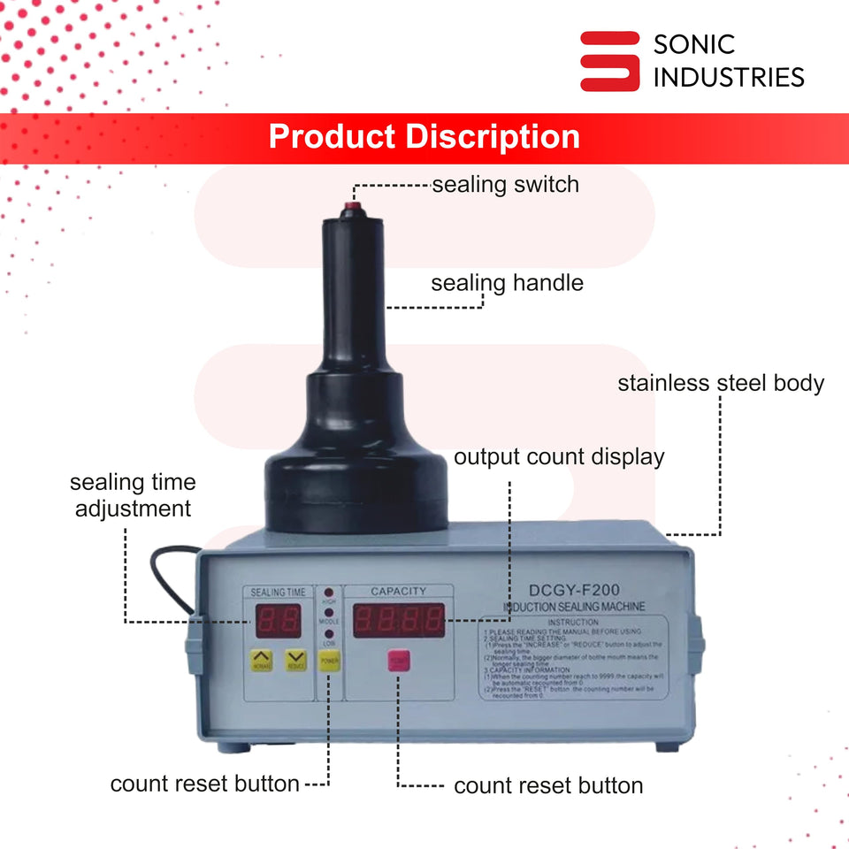 Sonic Industries Induction 200 Compact Induction Sealing Machine | Foil & Cap Sealer for Bottle Packaging | Automatic Bottle Sealing Machine for Plastic, PET & Glass Containers