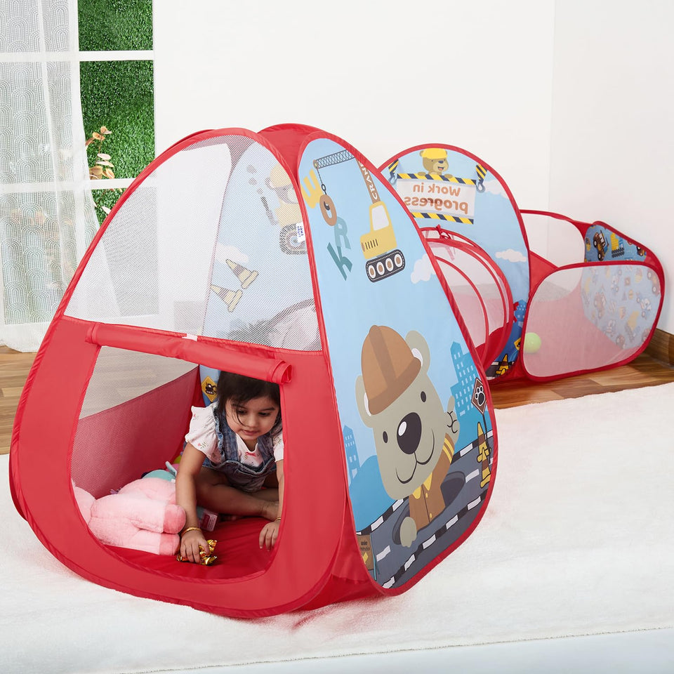 Amazon Brand - Jam & Honey Construction 3 in 1 Combo Tunnel for Kids | Tunnel, Play Tent House, Ball Pool for Kids 3 to 6 Years | Spacious, Lightweight and Portable | Without Balls | Multi Colour