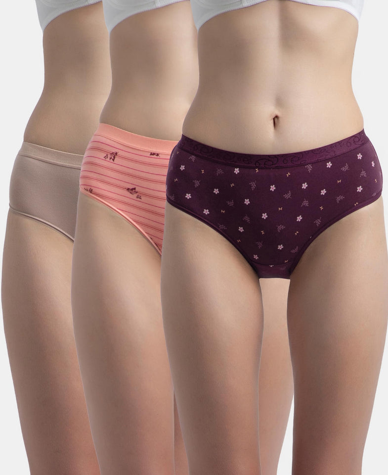 Jockey 3006 Women's High Coverage Super Combed Cotton Elastane Stretch Mid Waist Hipster with Exposed Waistband (Pack of 3_Prints&Colors May Vary)_ Peach,Purple&Mocha_L