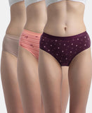 Jockey 3006 Women's High Coverage Super Combed Cotton Elastane Stretch Mid Waist Hipster with Exposed Waistband (Pack of 3_Prints&Colors May Vary)_ Peach,Purple&Mocha_L