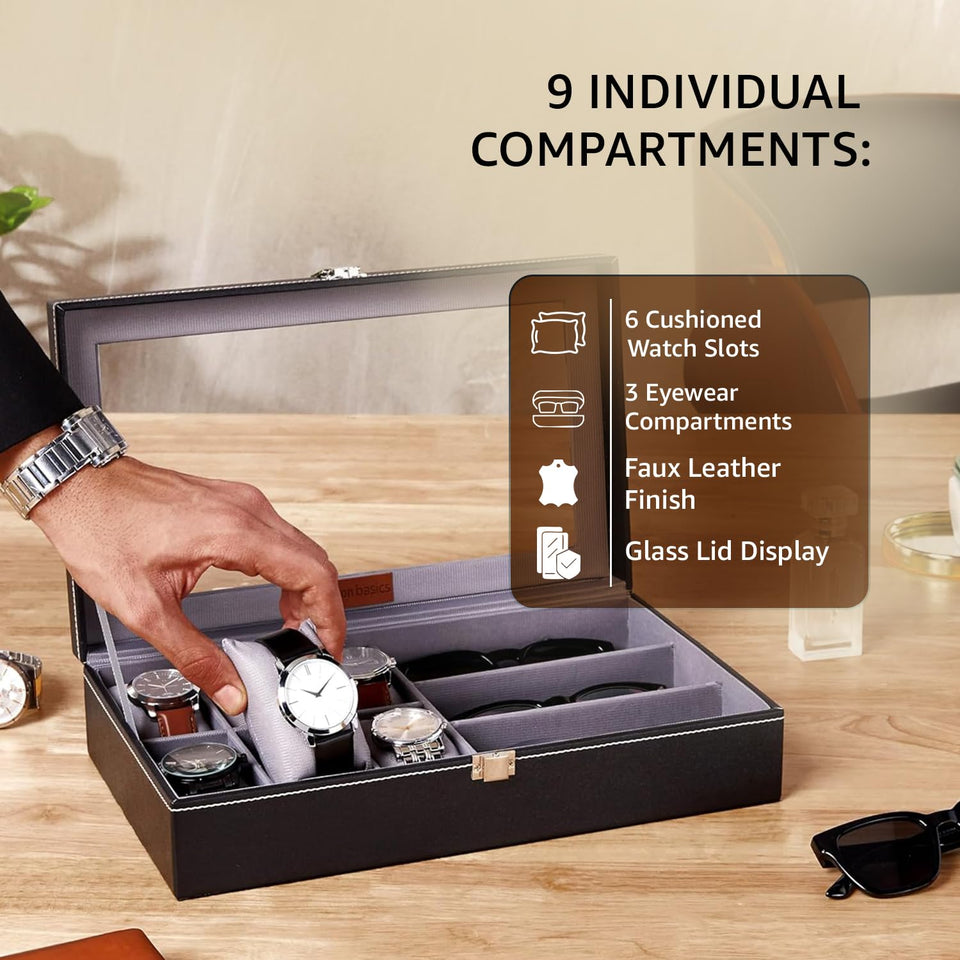Amazon Basics Unisex Faux Leather Watch Organiser Box with 9 Slots | 6 Watch Storage Compartments | 3 Sunglasses Holder | Transparent Lid (Black)