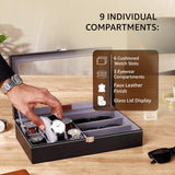 Amazon Basics Unisex Faux Leather Watch Organiser Box with 9 Slots | 6 Watch Storage Compartments | 3 Sunglasses Holder | Transparent Lid (Black)