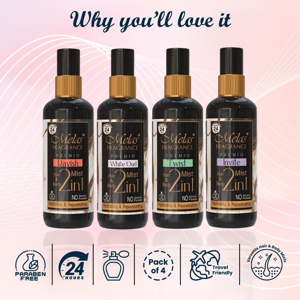 Melas Hair & Body Perfume Mist for Women - Set of 4 (Ravish, White Oud, Twist, Invite) | Long-Lasting Fragrance Spray | Travel-Friendly | Sweet & Warm Scent | Hydrating & Refreshing | Gift Set for Women - Valentine’s Day, Birthday, Anniversary, Special Oc