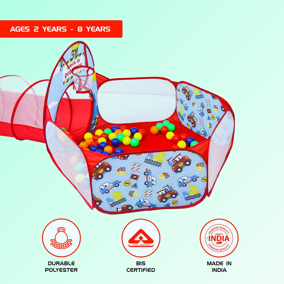Amazon Brand - Jam & Honey Construction 3 in 1 Combo Tunnel for Kids | Tunnel, Play Tent House, Ball Pool for Kids 3 to 6 Years | Spacious, Lightweight and Portable | Without Balls | Multi Colour