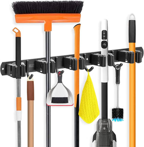 JIALTO Broom Holder and Mop Organizer | Mop Holder For Wall Without Drilling with 5 Slots and 4 Hooks for Kitchen, Garage, Garden, and Utility | Space Saving Cleaning Tool Organizer (Black)