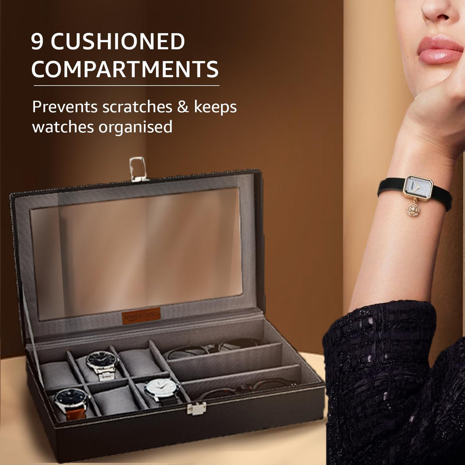 Amazon Basics Unisex Faux Leather Watch Organiser Box with 9 Slots | 6 Watch Storage Compartments | 3 Sunglasses Holder | Transparent Lid (Black)