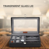 Amazon Basics Unisex Faux Leather Watch Organiser Box with 9 Slots | 6 Watch Storage Compartments | 3 Sunglasses Holder | Transparent Lid (Black)