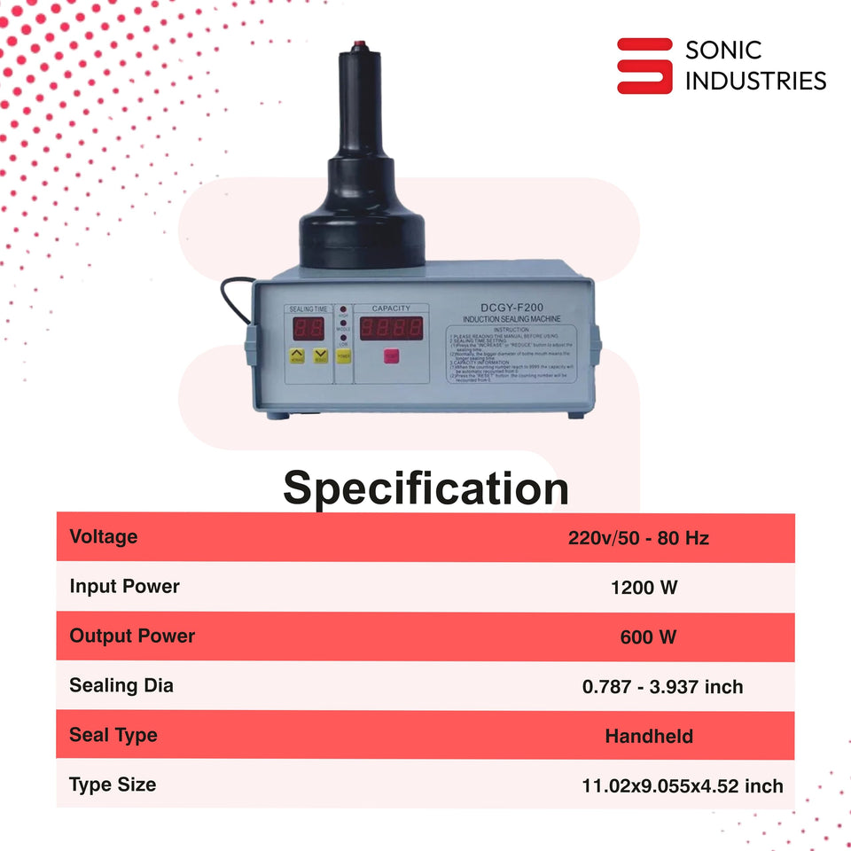 Sonic Industries Induction 200 Compact Induction Sealing Machine | Foil & Cap Sealer for Bottle Packaging | Automatic Bottle Sealing Machine for Plastic, PET & Glass Containers