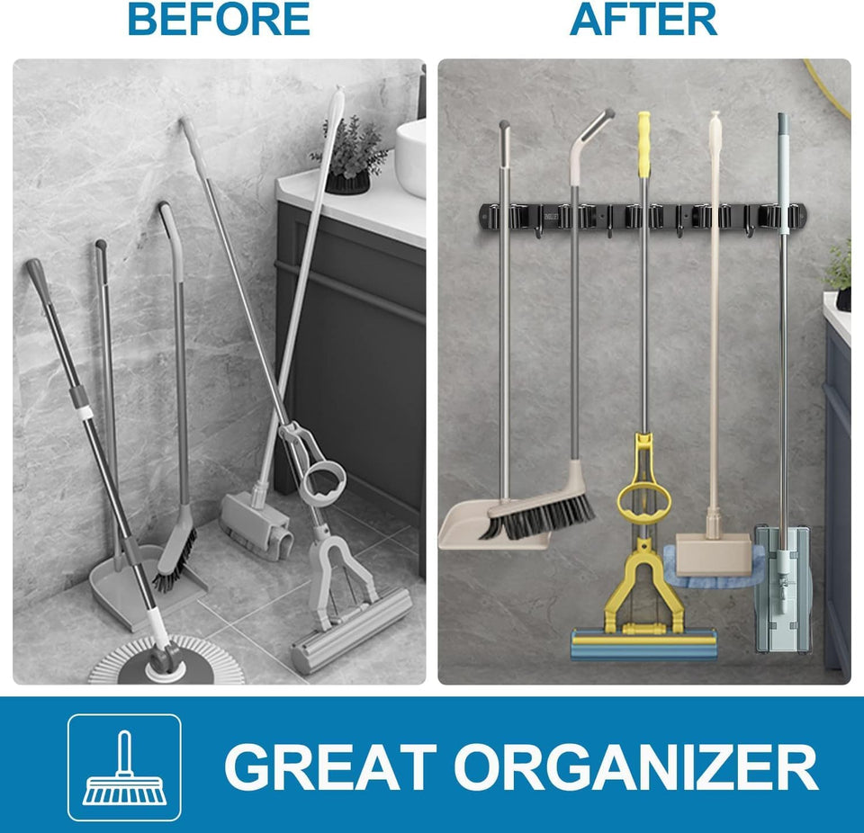 JIALTO Broom Holder and Mop Organizer | Mop Holder For Wall Without Drilling with 5 Slots and 4 Hooks for Kitchen, Garage, Garden, and Utility | Space Saving Cleaning Tool Organizer (Black)