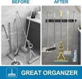 JIALTO Broom Holder and Mop Organizer | Mop Holder For Wall Without Drilling with 5 Slots and 4 Hooks for Kitchen, Garage, Garden, and Utility | Space Saving Cleaning Tool Organizer (Black)