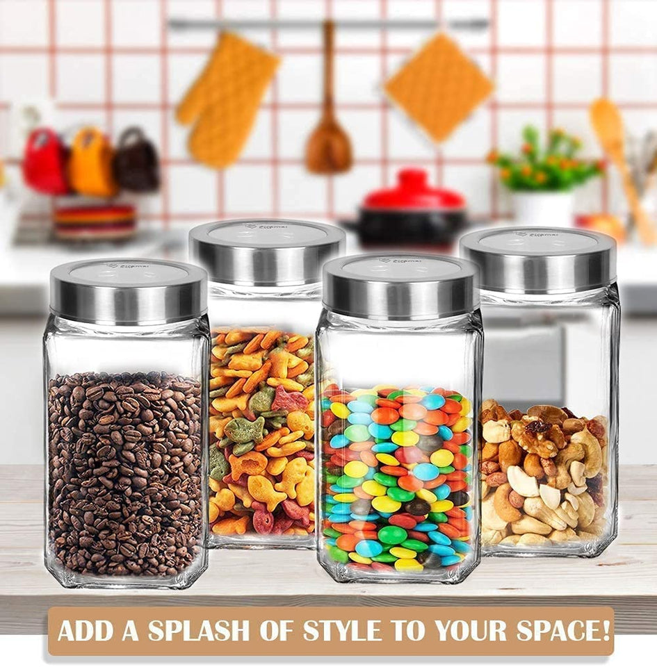 MENIFLIX glass containers for kitchen. Square Shape Transparent Glass Jars & Containers For kitchen storage Pantry, Snacks, Masala, Pickles, Storage With Steel See Through Lid(1000Ml)