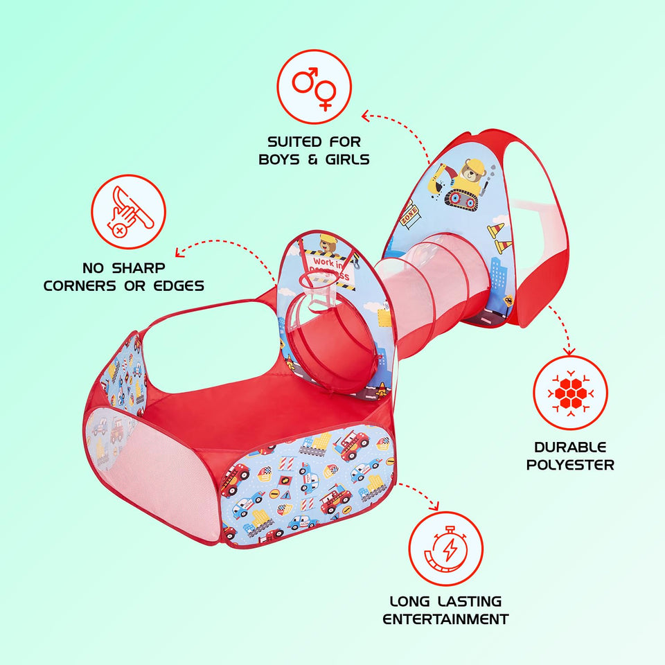 Amazon Brand - Jam & Honey Construction 3 in 1 Combo Tunnel for Kids | Tunnel, Play Tent House, Ball Pool for Kids 3 to 6 Years | Spacious, Lightweight and Portable | Without Balls | Multi Colour