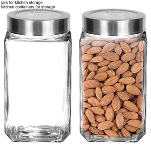 MENIFLIX glass containers for kitchen. Square Shape Transparent Glass Jars & Containers For kitchen storage Pantry, Snacks, Masala, Pickles, Storage With Steel See Through Lid(1000Ml)