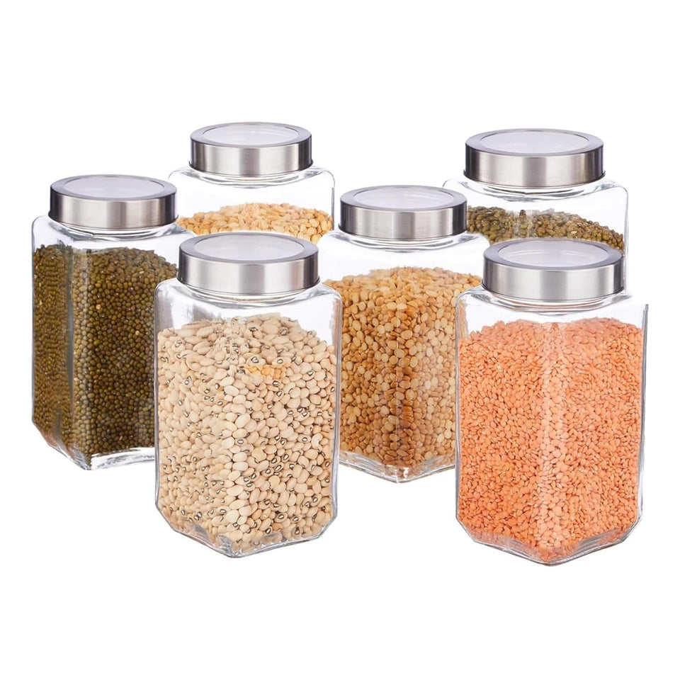 MENIFLIX glass containers for kitchen. Square Shape Transparent Glass Jars & Containers For kitchen storage Pantry, Snacks, Masala, Pickles, Storage With Steel See Through Lid(1000Ml)