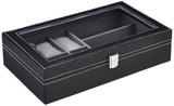Amazon Basics Unisex Faux Leather Watch Organiser Box with 9 Slots | 6 Watch Storage Compartments | 3 Sunglasses Holder | Transparent Lid (Black)