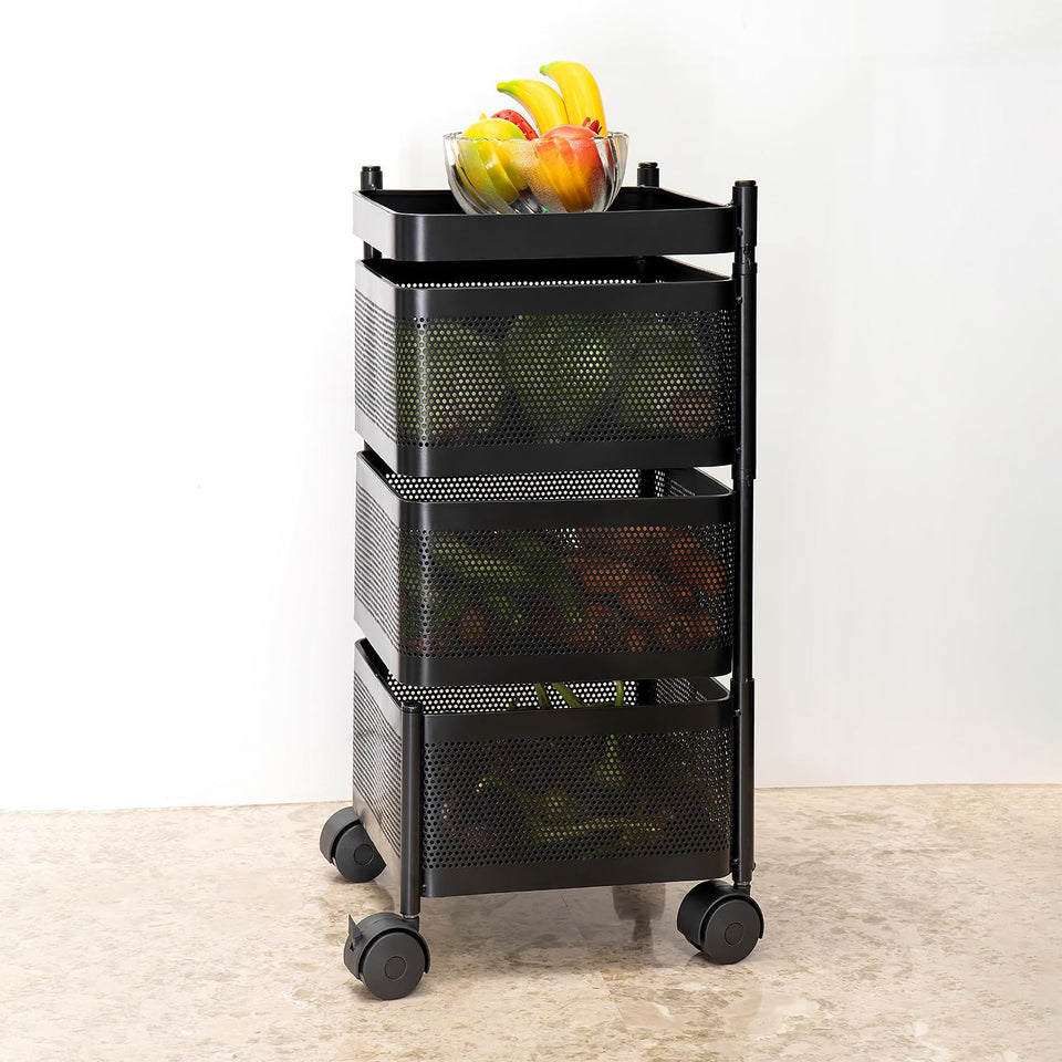 Kitchenwell Metal Multi-Purpose Trolley Storage Organizer and Kitchen Accessories Items for Kitchen Storage Rack Square Design Fruits & Vegetable Onion Cutlery (Matt Black, 3 Layer Drawer)