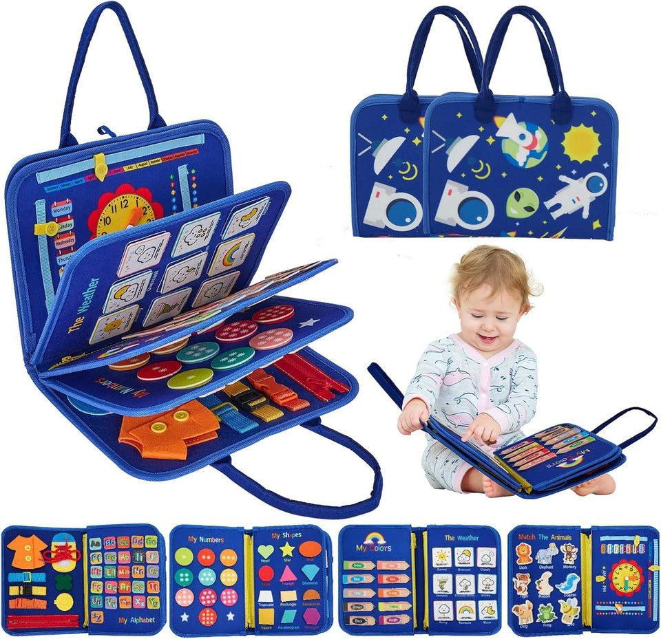 Qlect 12 in 1 Toddler Busy Binder & Busy Book for Toddlers 1-3 Years - Montessori Busy Board & Activity Book for Kids 2-4 - Engaging Toys for 2-3 Years - Educational Busy Book for Learning., Blue