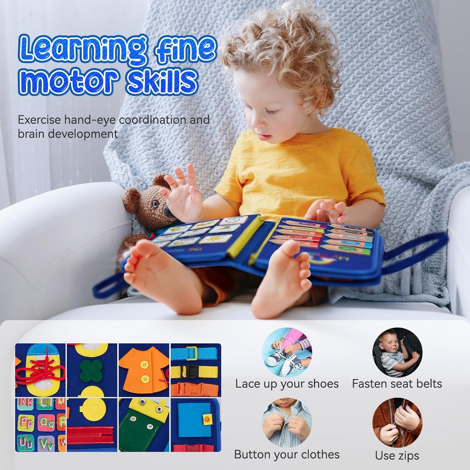 Qlect 12 in 1 Toddler Busy Binder & Busy Book for Toddlers 1-3 Years - Montessori Busy Board & Activity Book for Kids 2-4 - Engaging Toys for 2-3 Years - Educational Busy Book for Learning., Blue