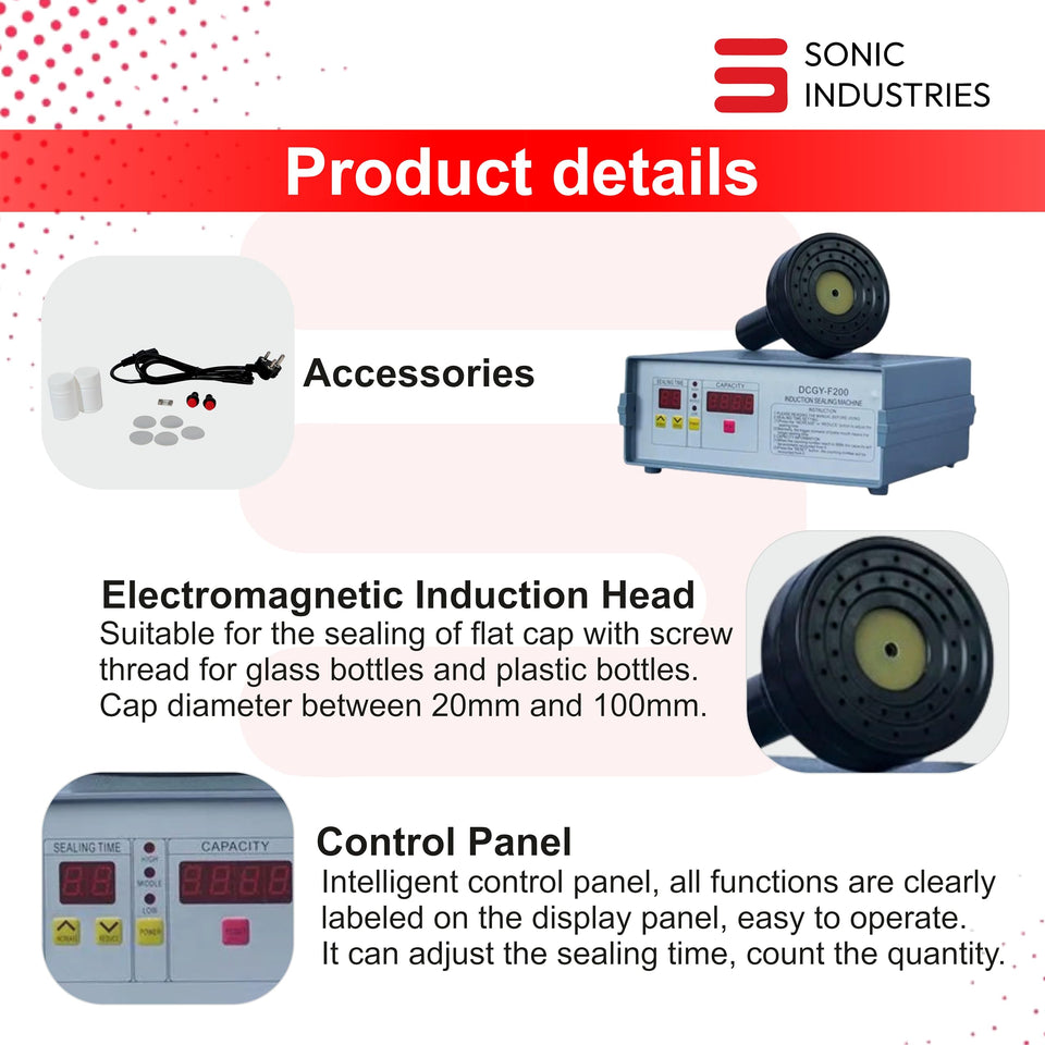 Sonic Industries Induction 200 Compact Induction Sealing Machine | Foil & Cap Sealer for Bottle Packaging | Automatic Bottle Sealing Machine for Plastic, PET & Glass Containers