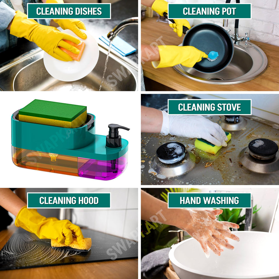 SWAPKART ABS 3 in 1 Soap Pump Dispenser Dish Soap Liquid Dispenser Sponge Holder Dish Soap Pump Dispenser for Kitchen Sink Countertop Bathroom Outdoor Garden(Peacock Colour), Multicolor