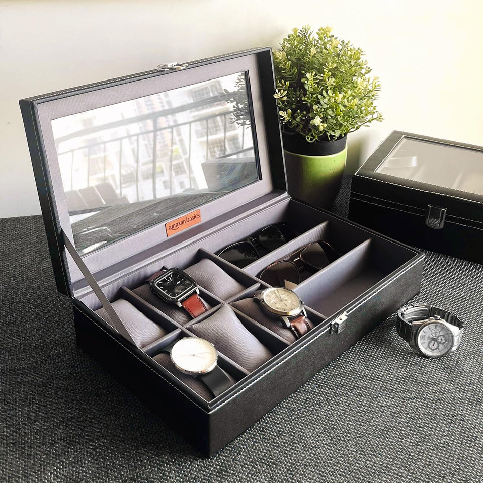 Amazon Basics Unisex Faux Leather Watch Organiser Box with 9 Slots | 6 Watch Storage Compartments | 3 Sunglasses Holder | Transparent Lid (Black)