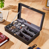 Amazon Basics Unisex Faux Leather Watch Organiser Box with 9 Slots | 6 Watch Storage Compartments | 3 Sunglasses Holder | Transparent Lid (Black)