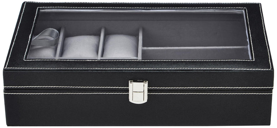 Amazon Basics Unisex Faux Leather Watch Organiser Box with 9 Slots | 6 Watch Storage Compartments | 3 Sunglasses Holder | Transparent Lid (Black)