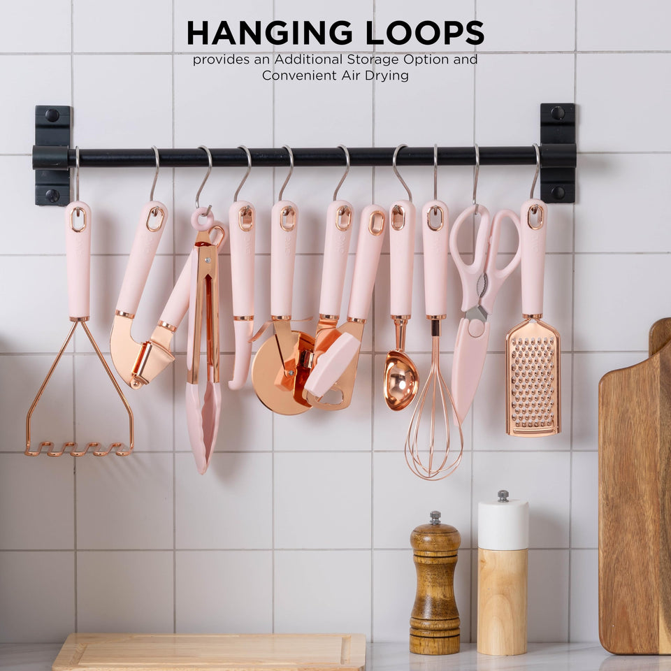 COOK With COLOR 10 Pc Kitchen Gadget Set Copper Coated Stainless Steel Utensils with Soft Touch Pink Handles