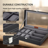 Amazon Basics Unisex Faux Leather Watch Organiser Box with 9 Slots | 6 Watch Storage Compartments | 3 Sunglasses Holder | Transparent Lid (Black)