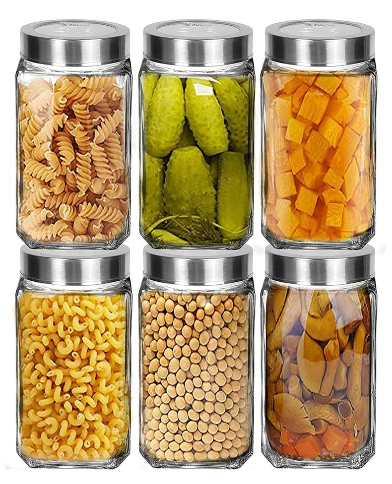 MENIFLIX glass containers for kitchen. Square Shape Transparent Glass Jars & Containers For kitchen storage Pantry, Snacks, Masala, Pickles, Storage With Steel See Through Lid(1000Ml)