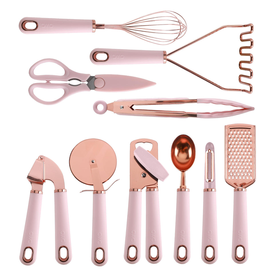 COOK With COLOR 10 Pc Kitchen Gadget Set Copper Coated Stainless Steel Utensils with Soft Touch Pink Handles