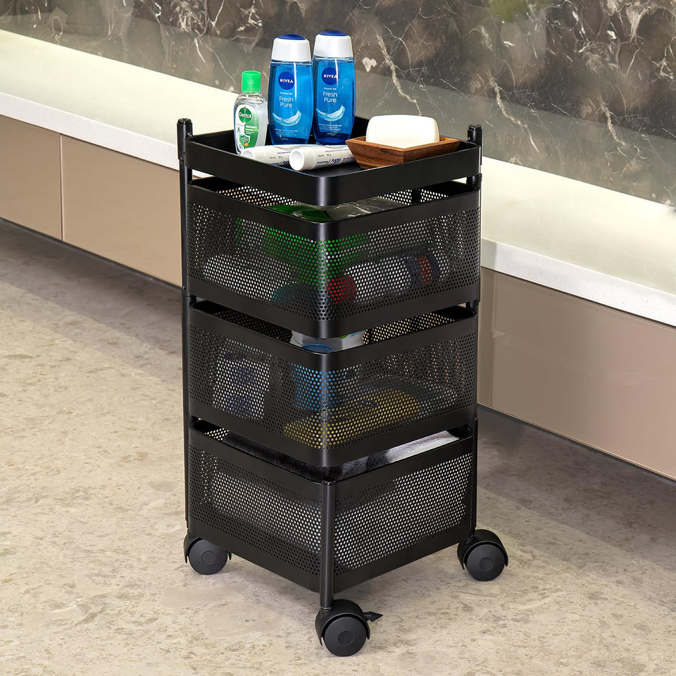 Kitchenwell Metal Multi-Purpose Trolley Storage Organizer and Kitchen Accessories Items for Kitchen Storage Rack Square Design Fruits & Vegetable Onion Cutlery (Matt Black, 3 Layer Drawer)