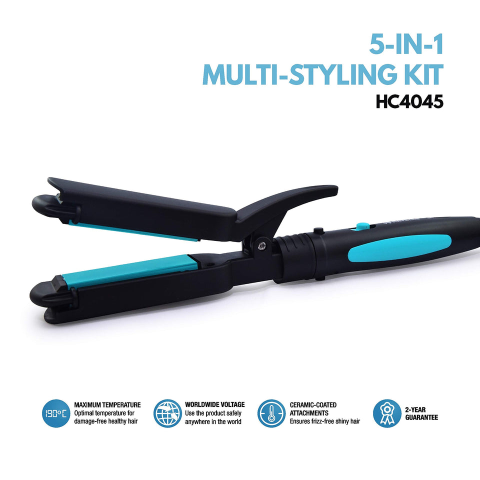Havells 5-in-1 Multi Styling Kit - Straightener, Curler, Crimper, Conical Curler & Volume Brush | For Multiple Hair Styles | 2 Years Guarantee | Blue/Black | HC4045